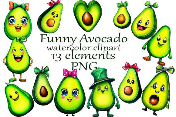 Download Watercolor Clipart Funny Avocado PNG - Avocado Collection